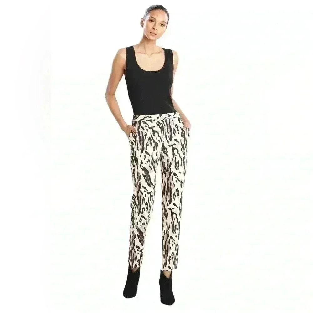 Natori Lynx Animal Print Tapered Pants 10 Sateen Maximalist Art-to-Wear Chic NWT